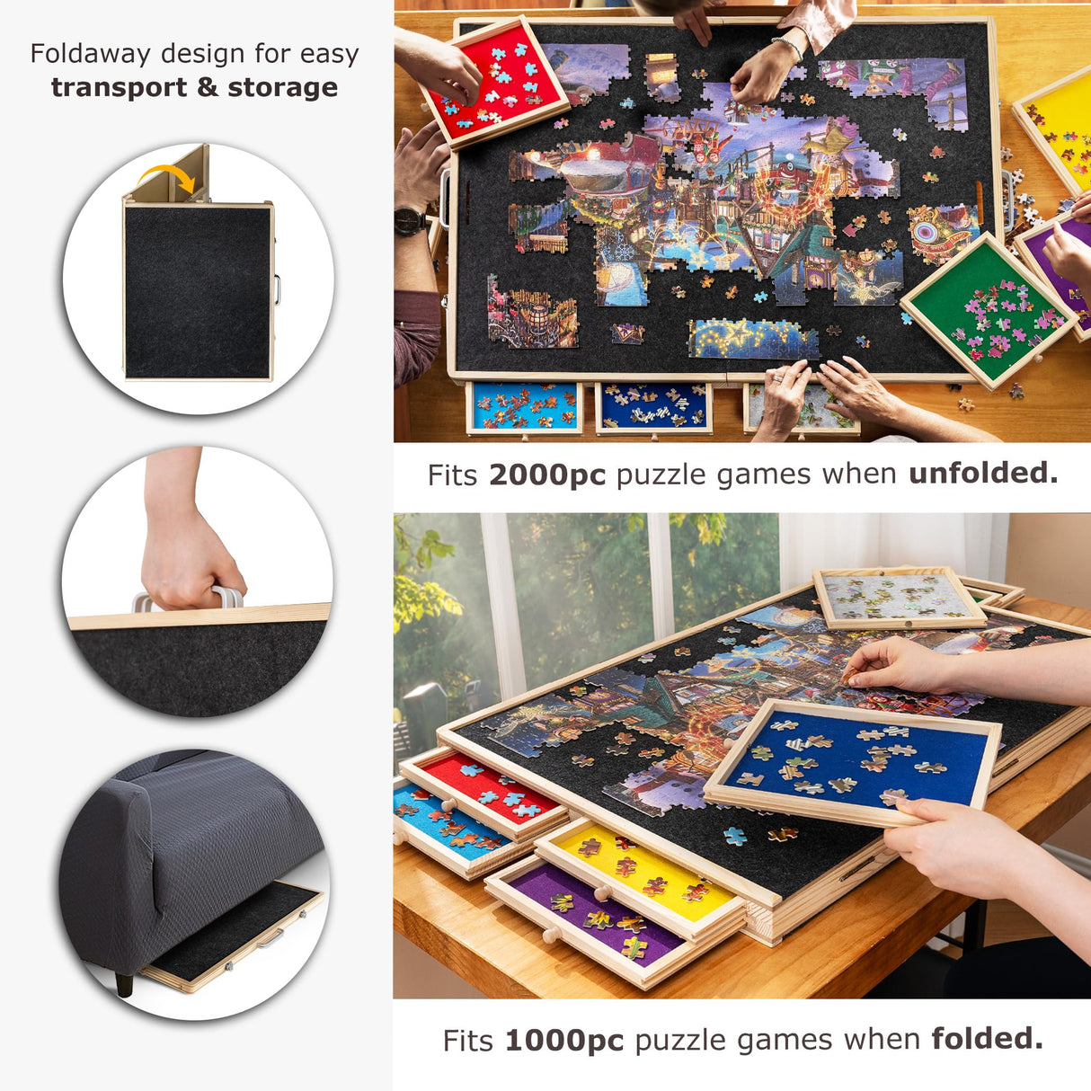 Tektalk 2000 Piece Foldable Puzzle Board with 8 Sorting Trays/Drawers, Jigsaw Puzzle Table with Cover, Storing for 2000, 1500, 1000, 500 Jigsaw Puzzle Pieces Tektalk