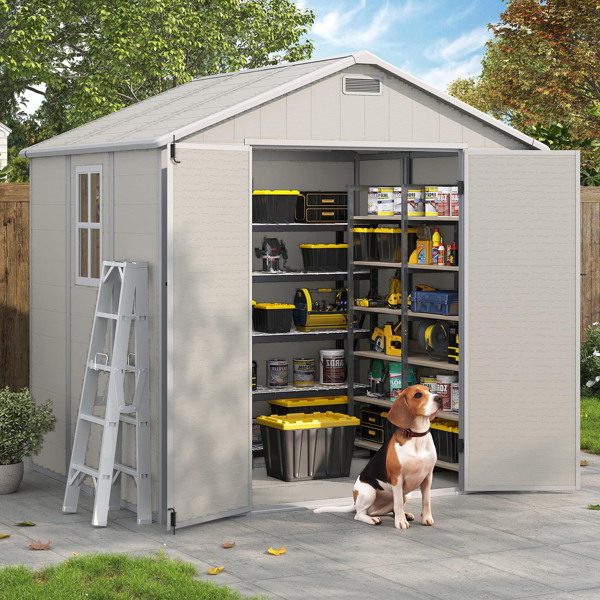 VONZOY Outdoor Storage Shed, 8x6 FT Resin Shed with Floor and Vents, Window & Lockable Door, Tool Sheds & Outdoor Storage for Bike, Tools, Garden Accessories, Waterproof (Sandstone) VONZOY