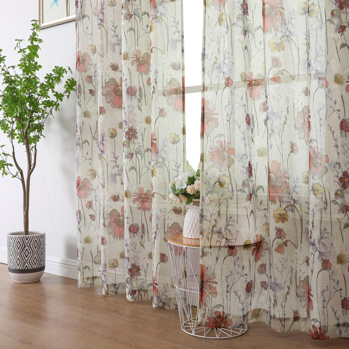 OWENIE Crushed Semi Sheer Curtains 72 Inches Length 2 Panels, Floral Pattern Design Rod Pocket Light Filtering Farmhouse Curtains for Bedroom Living Room, 2 Pieces Total 84 Inch Wide, 72 inch Long OWENIE