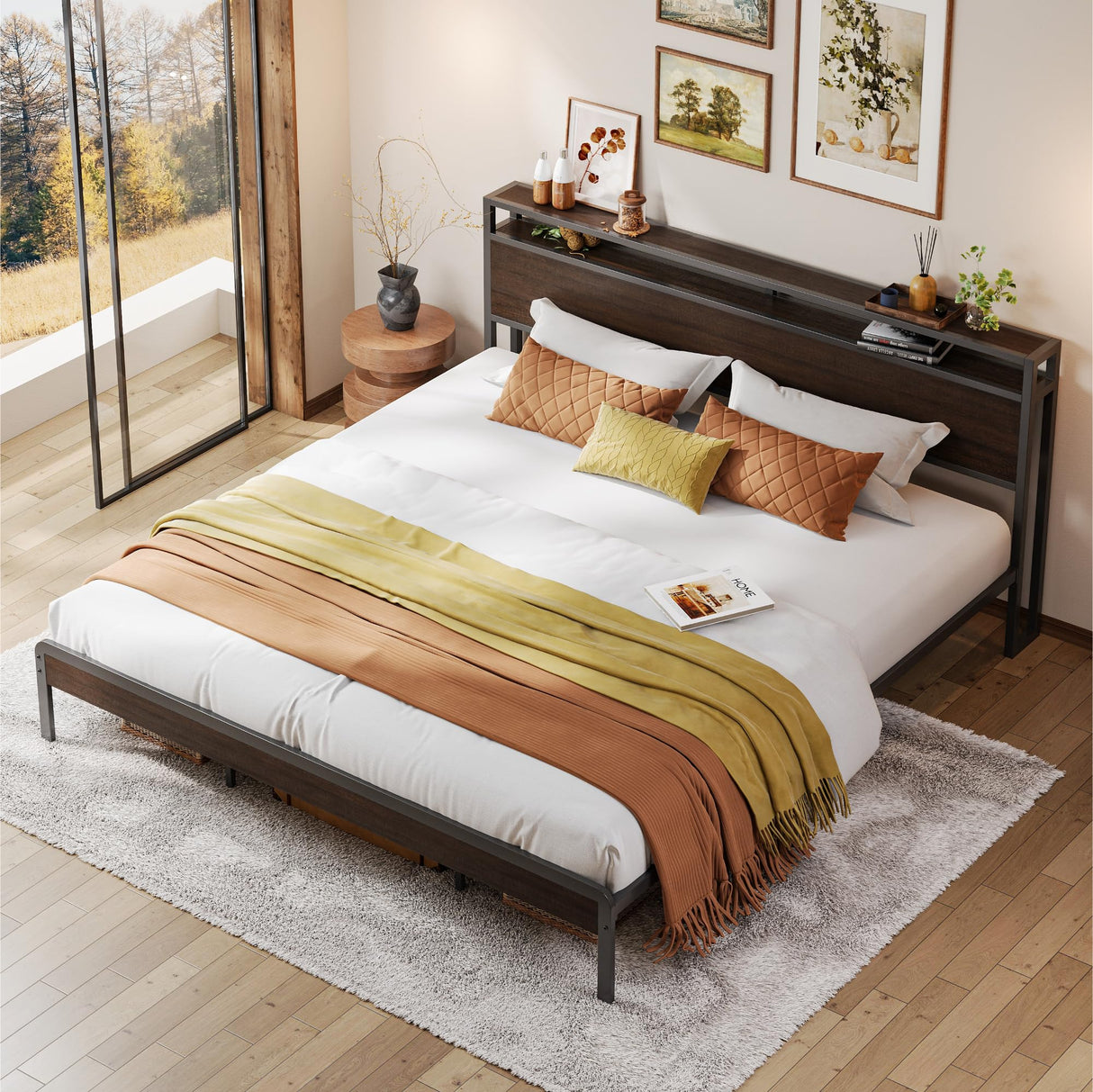 LIKIMIO King Bed Frame with Headboard, Dark Wood Camas King with Strong Supports, Sturdy, Noise-Free, No Box Spring Needed, Dark Brown LIKIMIO