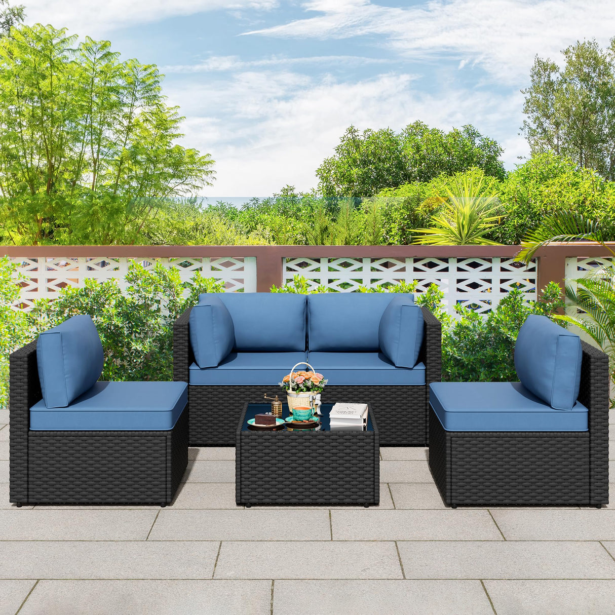 JAMFLY 5 Piece Outdoor Patio Furniture Set, PE Rattan Conversation Sofa Set with Thick Cushions & Glass Top Coffee Table, All-Weather Outside Furniture for Garden, Porch, Aegean Blue JAMFLY