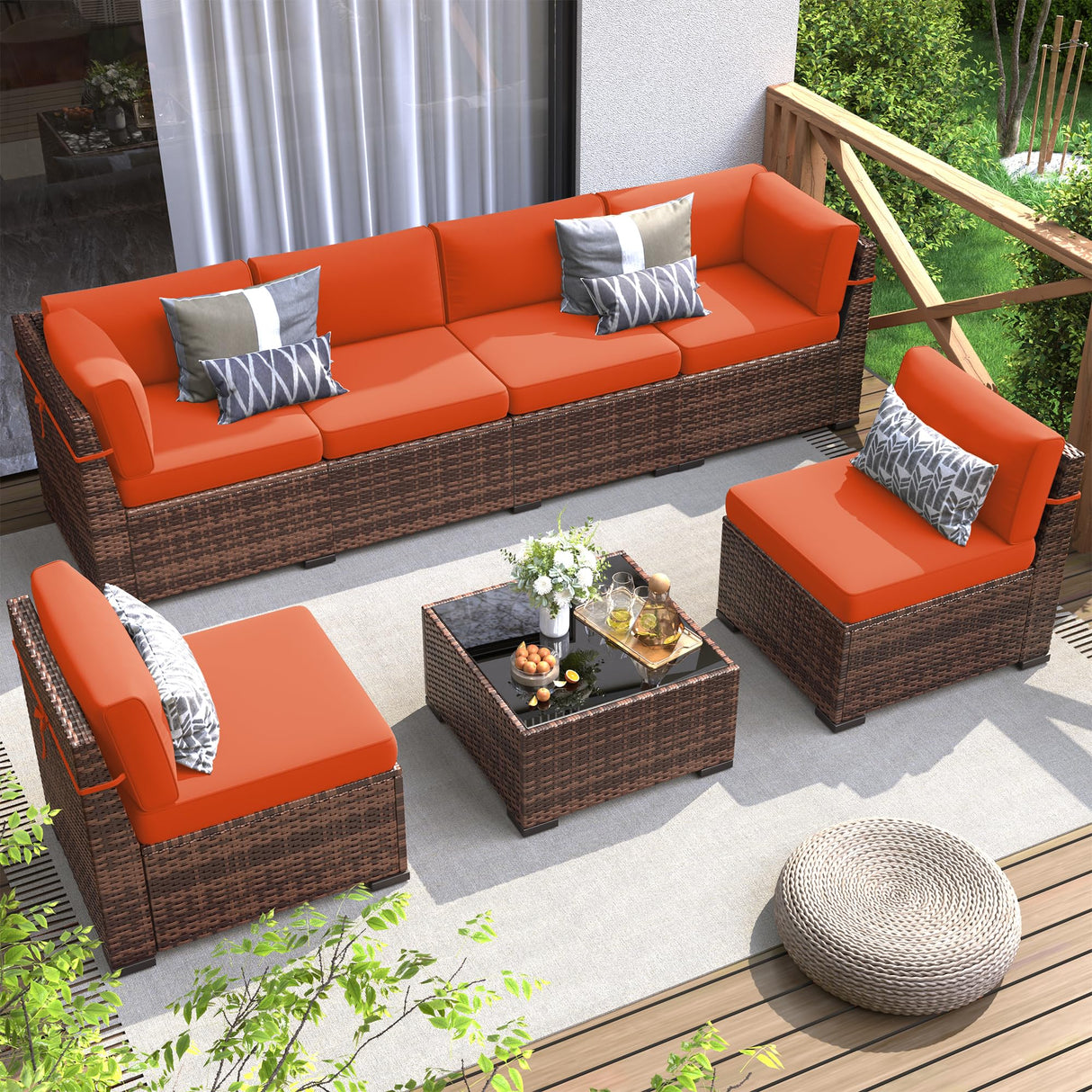 Poteban Patio Furniture Set, 7 Pieces Outdoor Modular Conversation Set Wicker Sectional Sofa for All Weather Rattan Patio Couch for Porch Garden Backyard Balcony Poolside (Orange) Poteban
