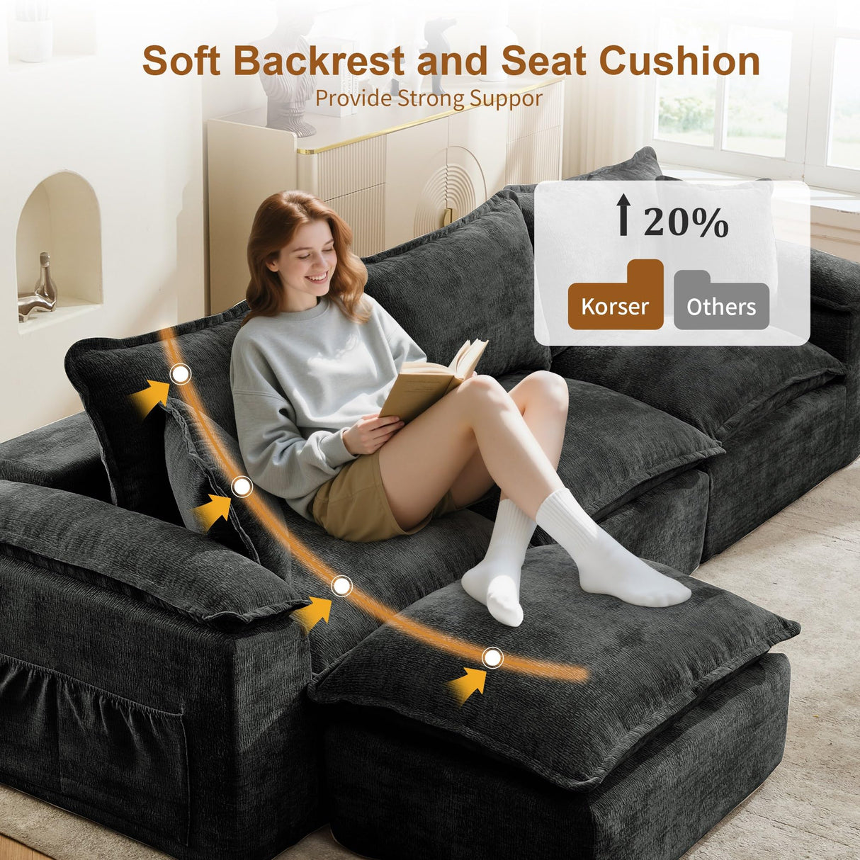 Korser 122" Sectional Couches for Living Room, Modular Boneless Couch with Deep Seat & Fluffy Cushion, Cozy Double-Layer Cushioned Sofa with Convertible Ottoman, Comfy Cloud Sofa, No Assembly Required Korser