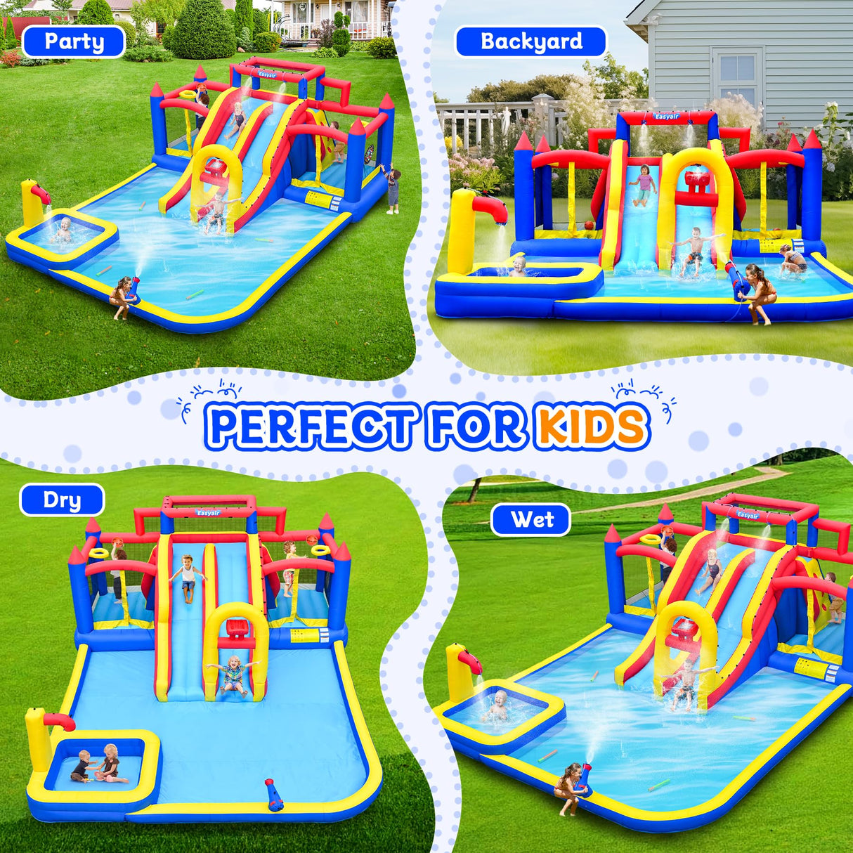 Easyair Deluxe Large Inflatable Water Slide for Big Kids, 20.5 ft L x 16.4 ft W x 7.6 ft H Water Bounce House, Outdoor Blow Up Pool, Climbing Wall, Basketball Hoop, Throw Ball Game, with 950W Blower EASYAIR