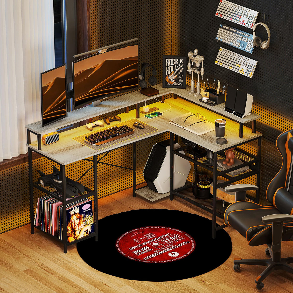 HOMCOM L Shaped Desk with LED Lights and Power Outlets, 59" Gaming Desk with Monitor Stand and Storage Shelves, Corner Computer Desk for Home Office, Small Space, Distressed Gray HOMCOM