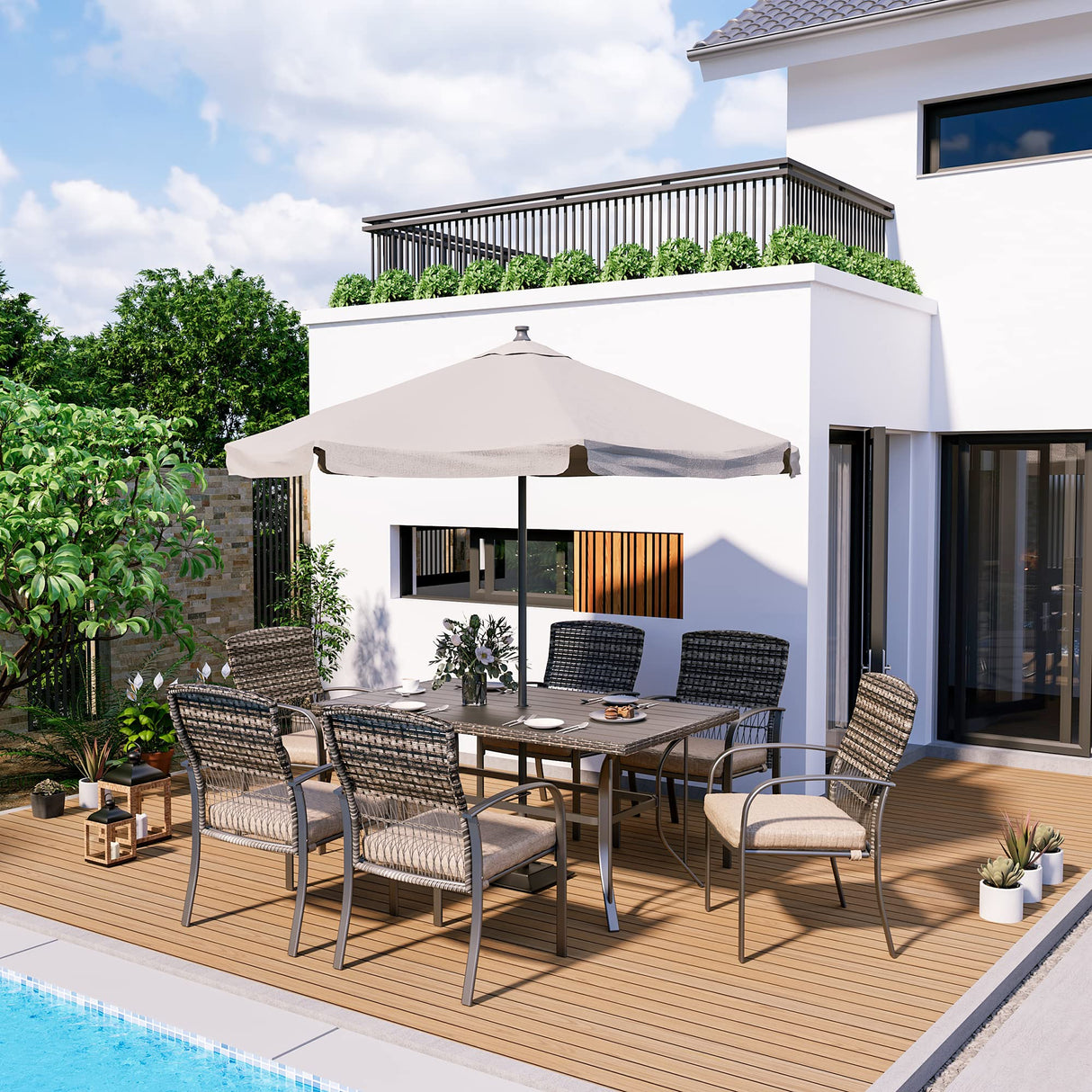 Pamapic 8504 Patio Dining 7 Piece, Outdoor Wicker Furniture Set for Backyard Garden Deck Poolside/Iron Slats Table Top, Removable Cushions, 7 Pack, Beige Pamapic