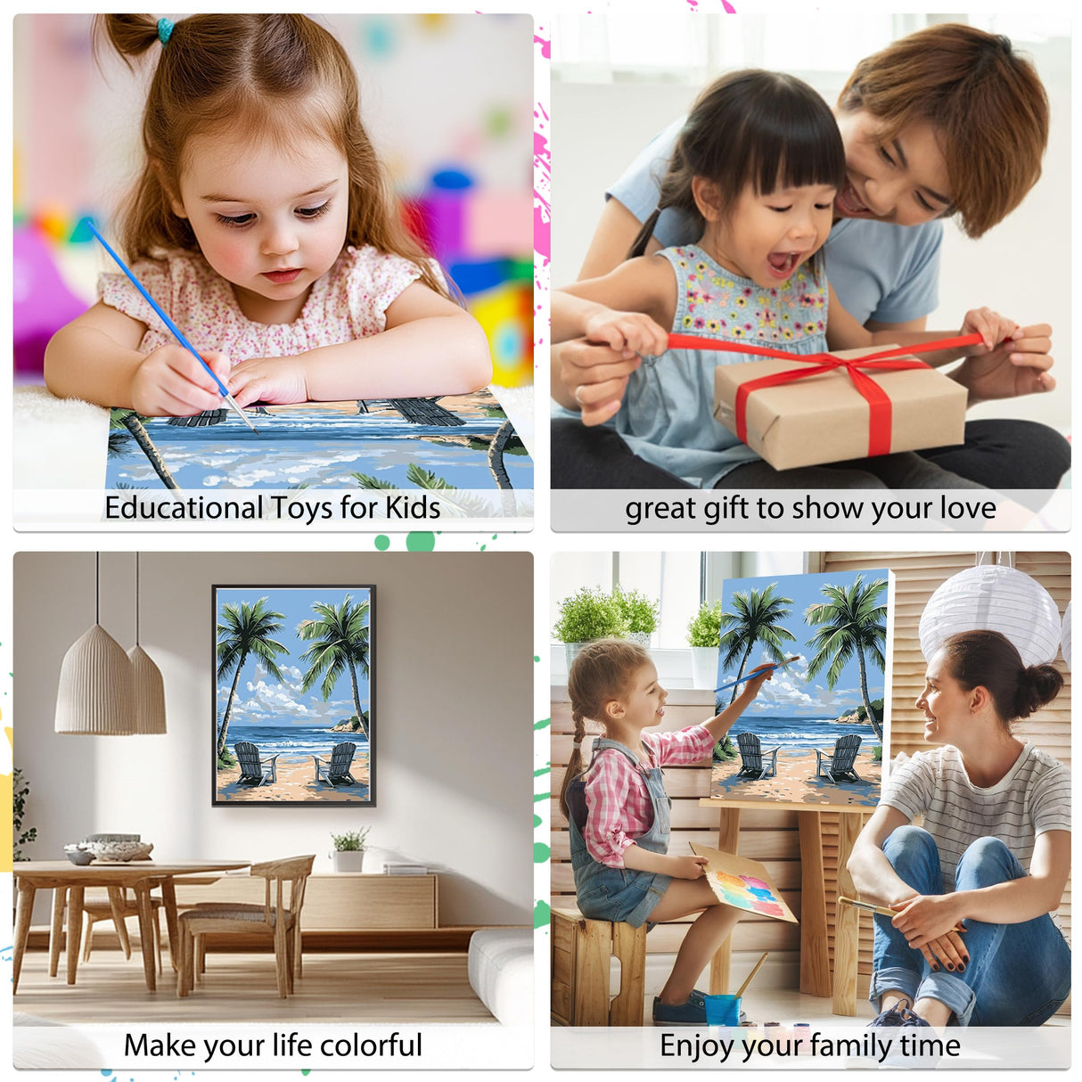 EOBROMD Framed Paint by Numbers Kits for Adults Sunny Beach Palm, DIY Kits Crafts for Beginner, Painting on Stretched Canvas, Oil Paint by Numbers for Home Decor Gift 12x16inch EOBROMD