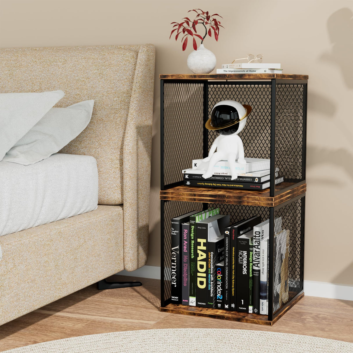 Ksuefao 2 Cube Storage Organizer, Small Bookshelves, DIY Variable Stackable Wooden & Metal Cubes Shelves for Desktop, Bedroom, Living Room, Black Brown Ksuefao