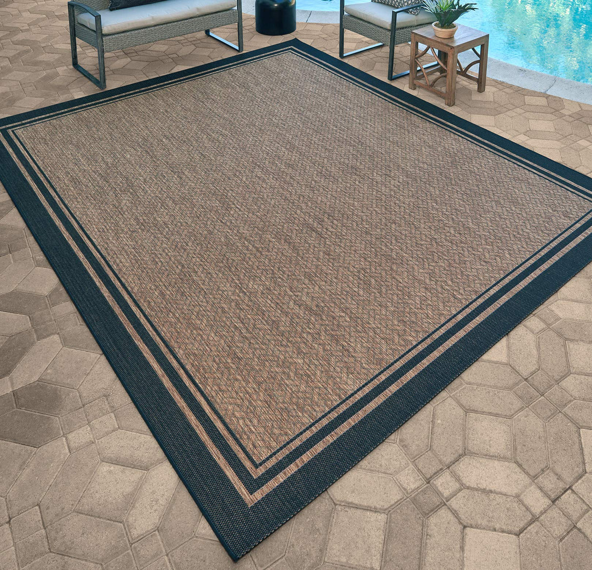 Gertmenian Indoor Outdoor Classic Flatweave Area Rug, Stain & UV Resistant Carpet, Deck, Patio, Poolside & Mudroom, 8x10 Ft Large, Border, Black Tan, 21515 Gertmenian