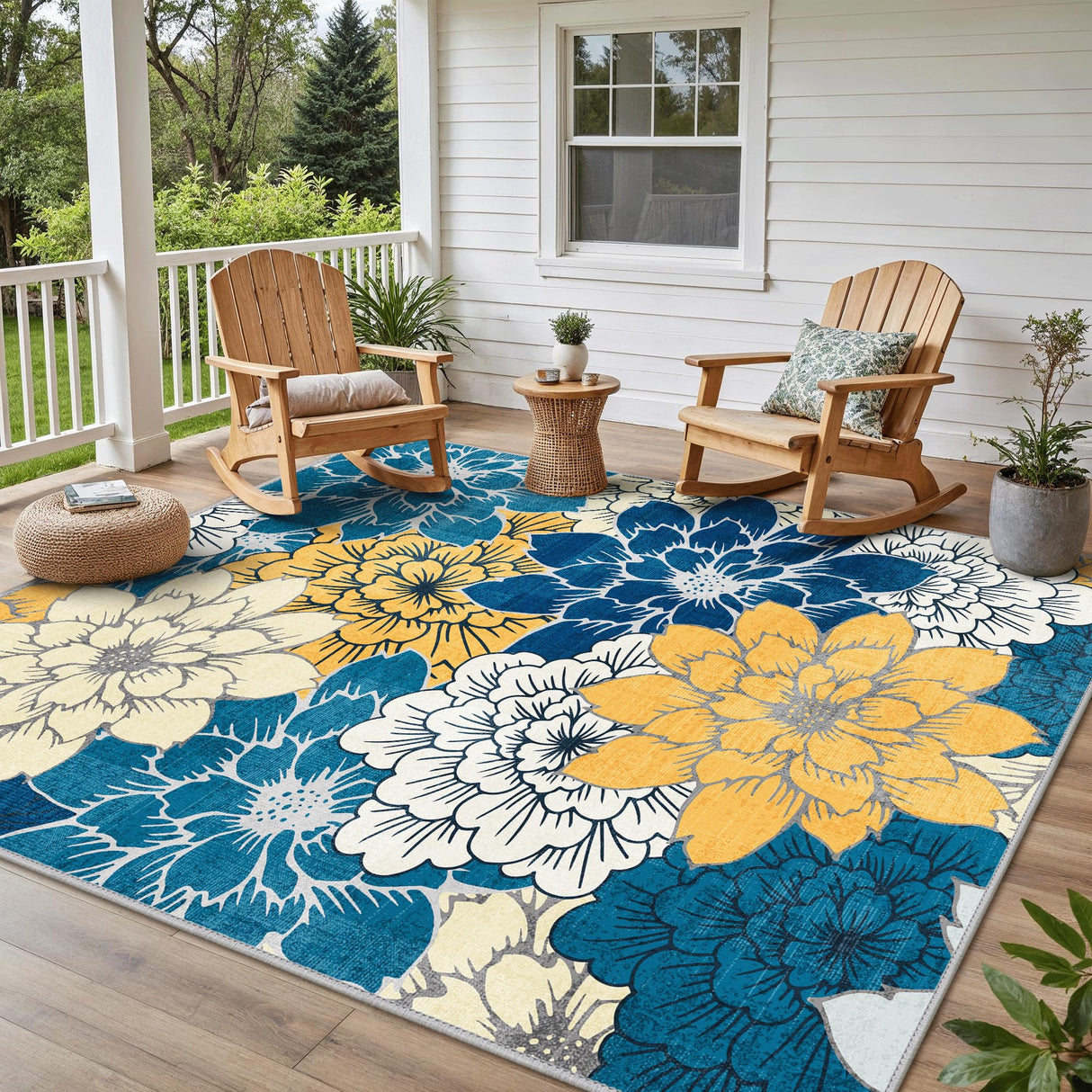 GENIMO Indoor Outdoor Area Rug 8' X 10' Waterproof, Washable Patio Rug Non Shedding, Easy Cleaning Floral Outdoor Carpet for Living Room, Bedroom, Dining Room, Balcony, Backyard, Deck, RV, Blue GENIMO