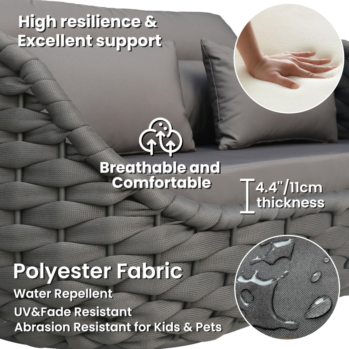 Erotr Aluminum Patio Furniture Set of 4: Woven Rope Outdoor Conversation Sofa Set Assembled - Modern Cushioned Armchair Couch Set for 660lbs Porch Deck Backyard Poolside Drawing Room Hotel, Dark Gray Erotr