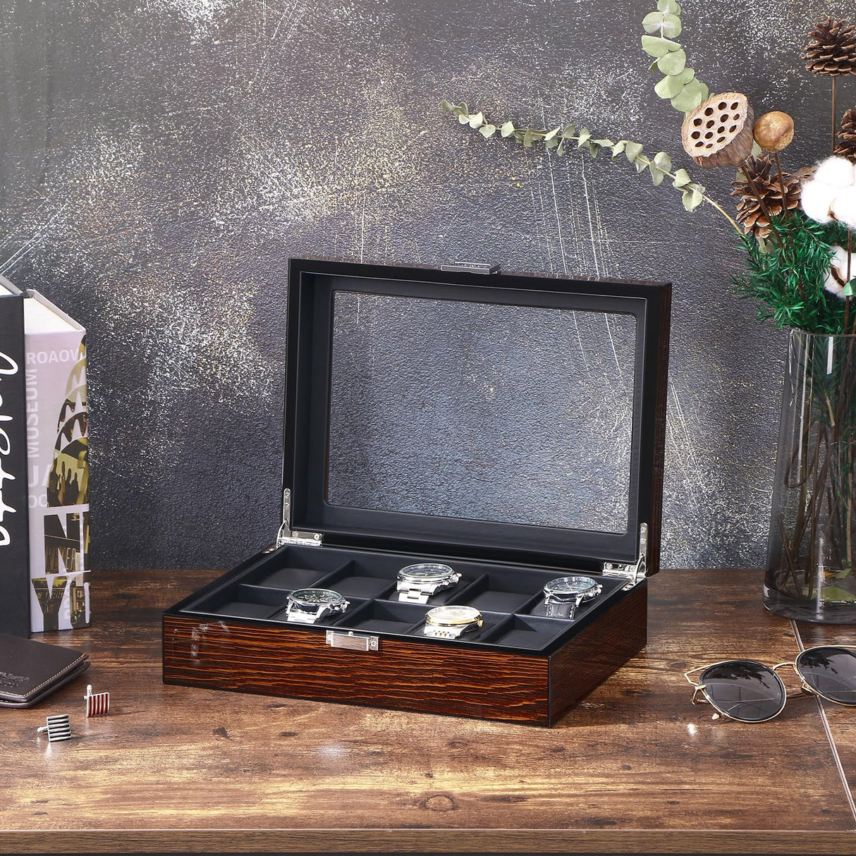 BEWISHOME Watch Box -10 Slot Luxury Wooden Watch Cases for Men Watch Storage with Real Glass Top, Mens Watch Organizer Holder with Removable Pillows, Smooth Faux Leather Interior, Brown SSH10Y BEWISHOME