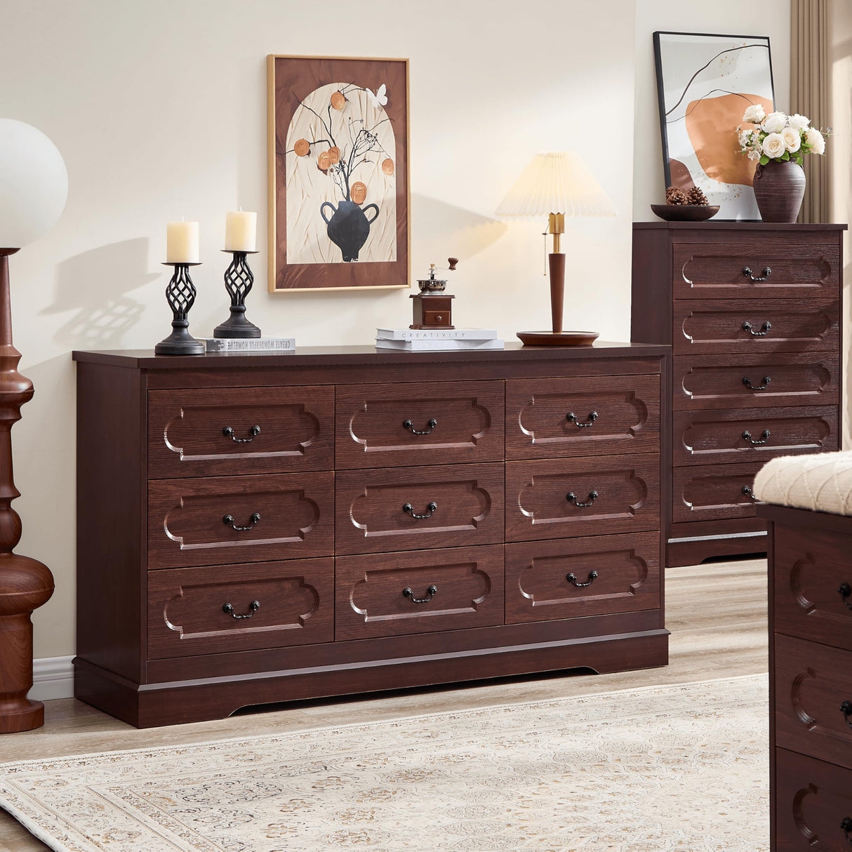 LIDYUK 9 Drawer Dresser for Bedroom Farmhouse Cherry Tall Wood Chest of Drawers for Bedroom Dresser, Modern Rustic 59" Wide Drawers Dressers Wooden Closet and Storage Cabinet, Hallway, Living Room LIDYUK