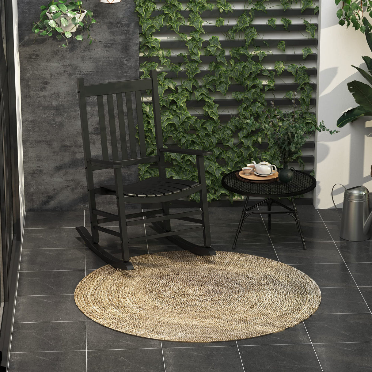 Outsunny Outdoor Rocking Chair, Wooden Rocking Patio Chairs with Rustic High Back, Slatted Seat and Backrest for Indoor, Backyard, Garden, Black Outsunny