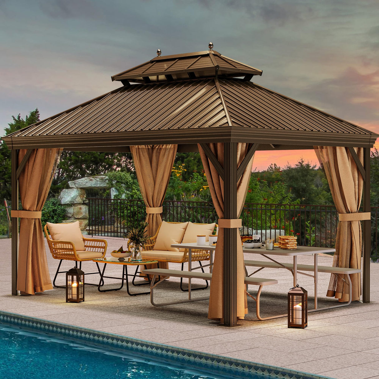 YITAHOME 12x16 ft Hardtop Gazebo with Nettings and Curtains, Outdoor Heavy Duty Aluminum Gazebo Combined of Horizontal and Vertical Stripes Roof for Patio, Backyard, Deck, Lawns and Balcony (Bronze) YITAHOME