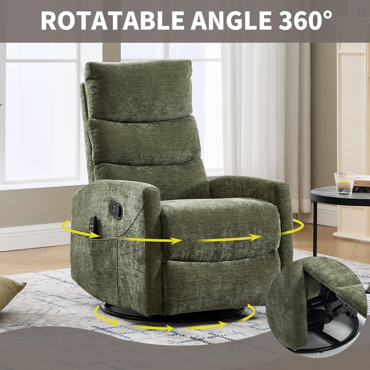 PELUMY Manual Recliner Chair with Heat & Vibration Massage, 360° Swivel Rocker Recliner with 155° Recline and Lumbar Heat, Compact Recliner for Living Room & Small Spaces (Chenille, Green) PELUMY