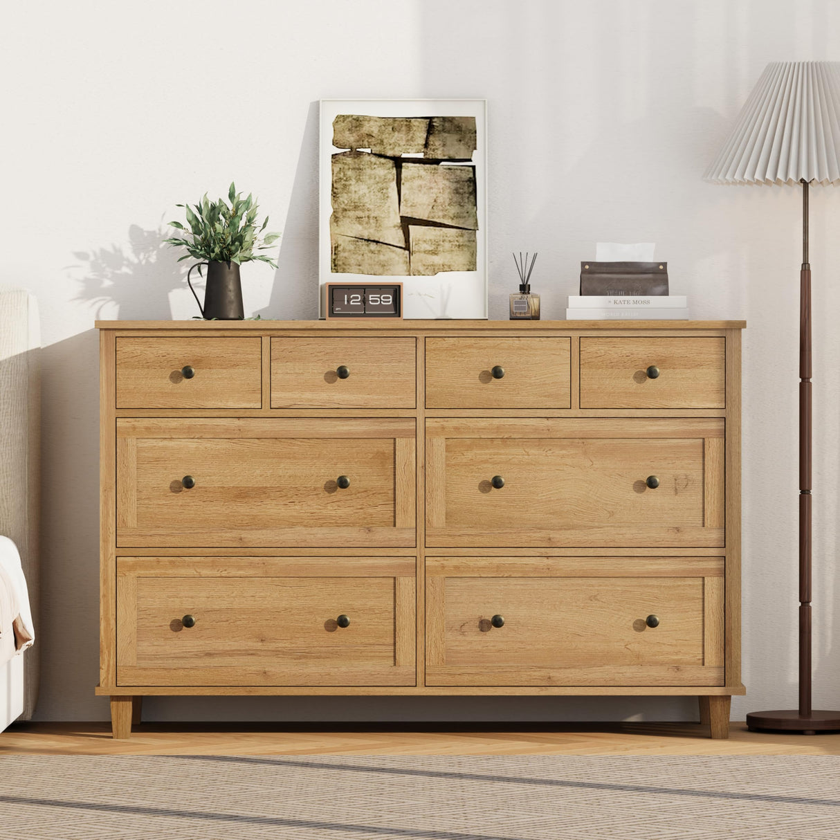 Zenflare Dresser for Bedroom 8 Drawer Wood Dresser 56.3" Wide, Large Storage Chest of Drawers for Bedroom, Living Room, Hallway, Entryway, Modern TV Stand Drawer Organizer, Natural Zenflare
