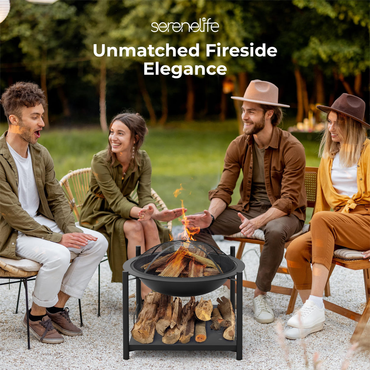 SereneLife 26" Outdoor Fire Pit with BBQ Grill, Mesh Screen, and Wood Storage – Heavy-Duty Steel Frame, Heat-Resistant – Ideal for Bonfires, Camping, and Outdoor Cooking SereneLife