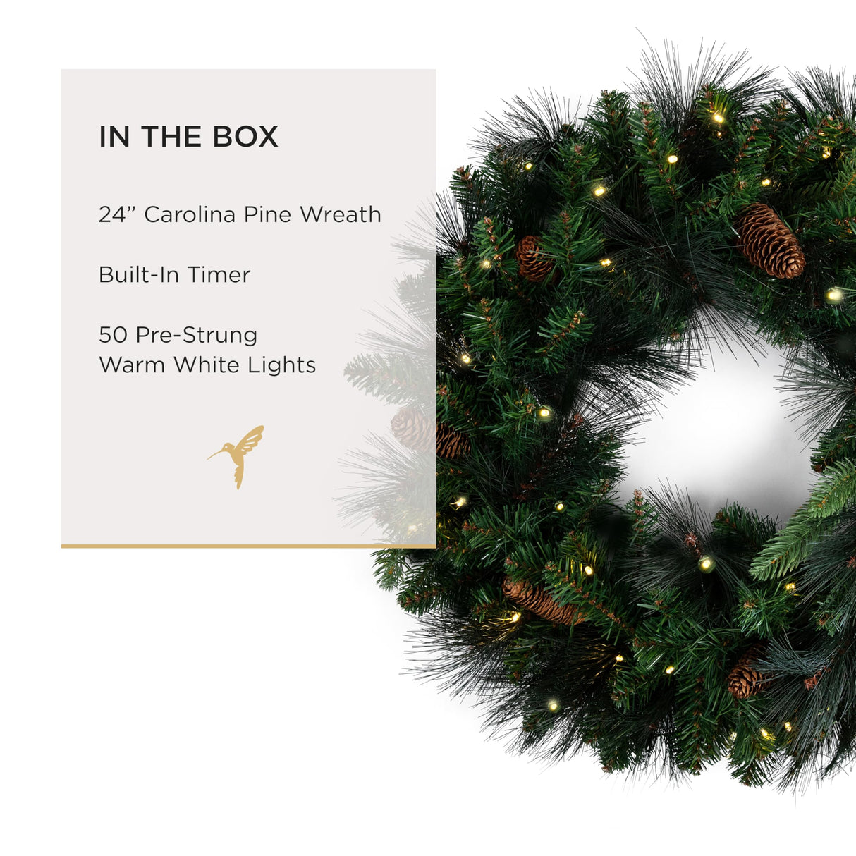 Papyrus 24" Pre-Lit Carolina Pine Artificial Wreath, Pine Cones, Warm White Light, Battery Powered, Indoor/Outdoor Papyrus