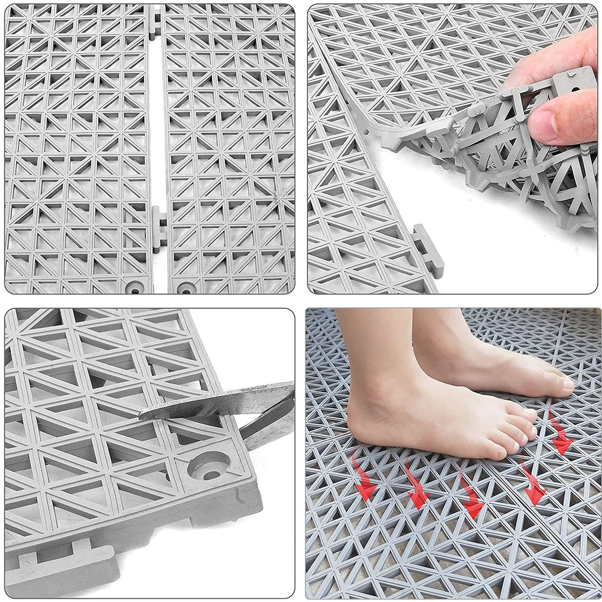 12 Pack 12" x 12" Interlocking Rubber Bathroom Flooring Tiles Non-Slip Splicing Waterproof Mat Modular Interlocking Cushion Mat for Drain, Deck, Pool, Patio, Balcony, Shower, Kitchen, Yard (Gray) FengWu