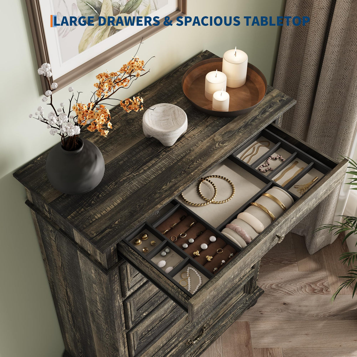 IDEALHOUSE Farmhouse Tall Dresser for Bedroom with 7 Drawers, 50" Tall Large Wood Chest of Drawers with Jewelry Storage for Bedroom, Living Room, Hallway, Dark Oak IDEALHOUSE