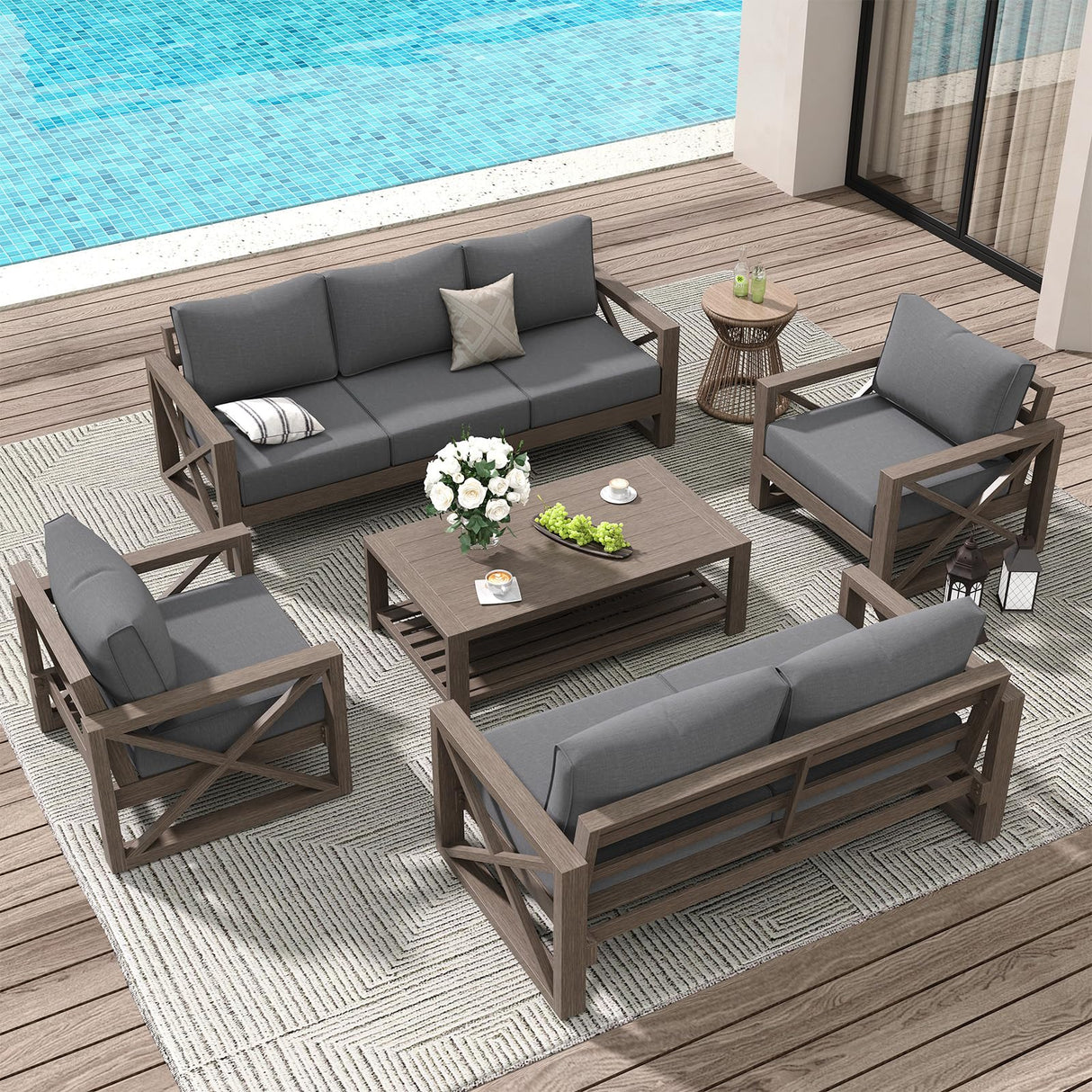 Amopatio Aluminum Patio Furniture Set, 8 Pieces Modern Metal Outdoor Furniture, Faux Wood Grain Finish Frame Patio Sofa Sets with 6" Cushion for Backyard, Dark Grey (Included Waterproof Covers) Amopatio