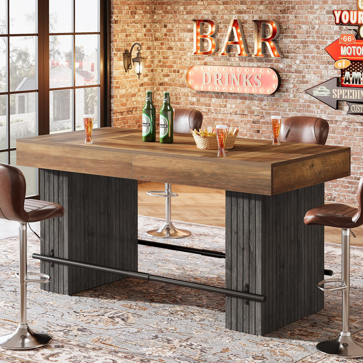 Tribesigns 63-Inch Bar Table, Industrial Counter Height Pub Dining Table, Rectangular Home Bar Unit with Metal Footrest for Home Kitchen, Dining Room, Bistro Tribesigns
