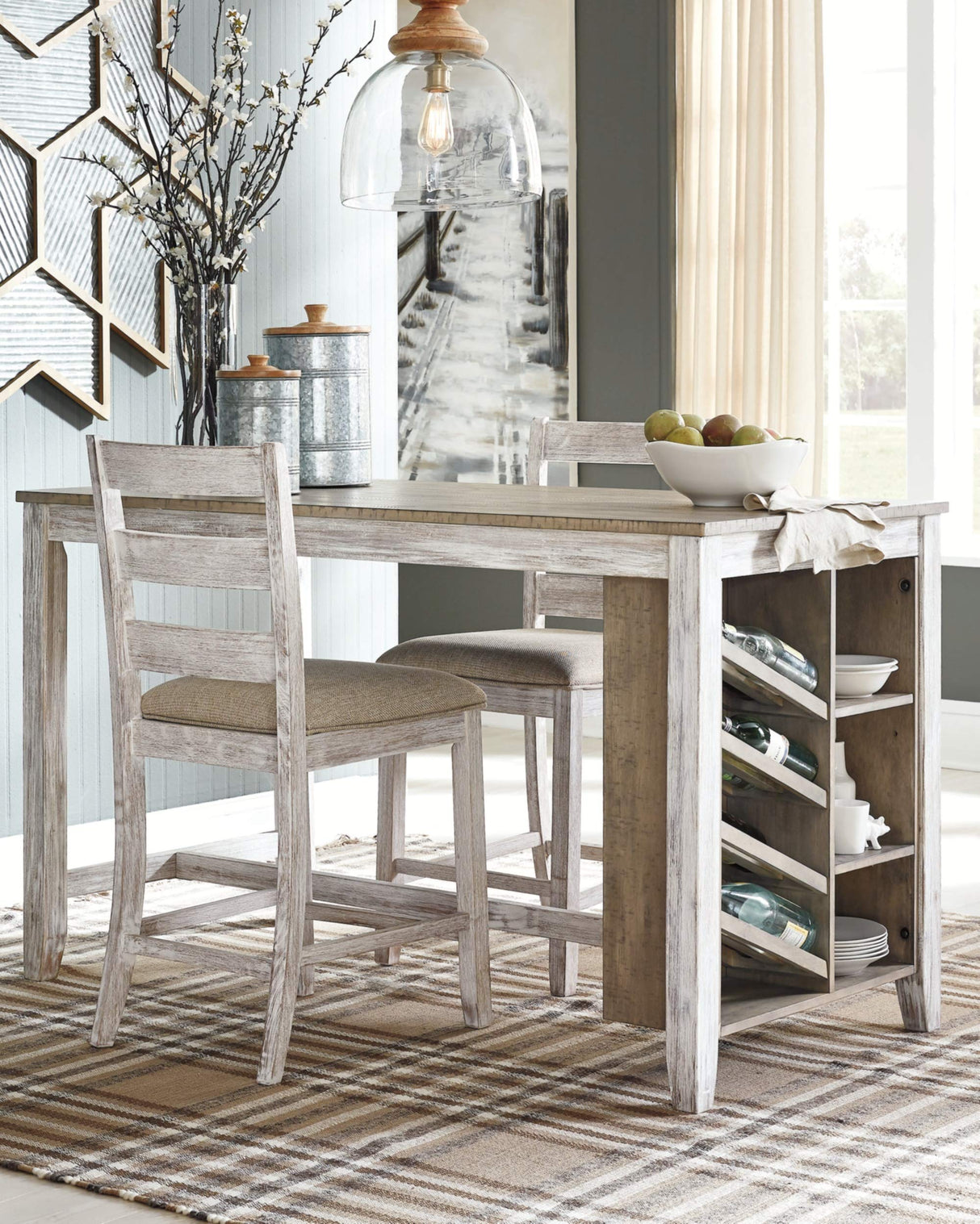Signature Design by Ashley Skempton Farmhouse 36" Counter Height Dining Table with Storage & Wine Rack, Whitewash Signature Design by Ashley