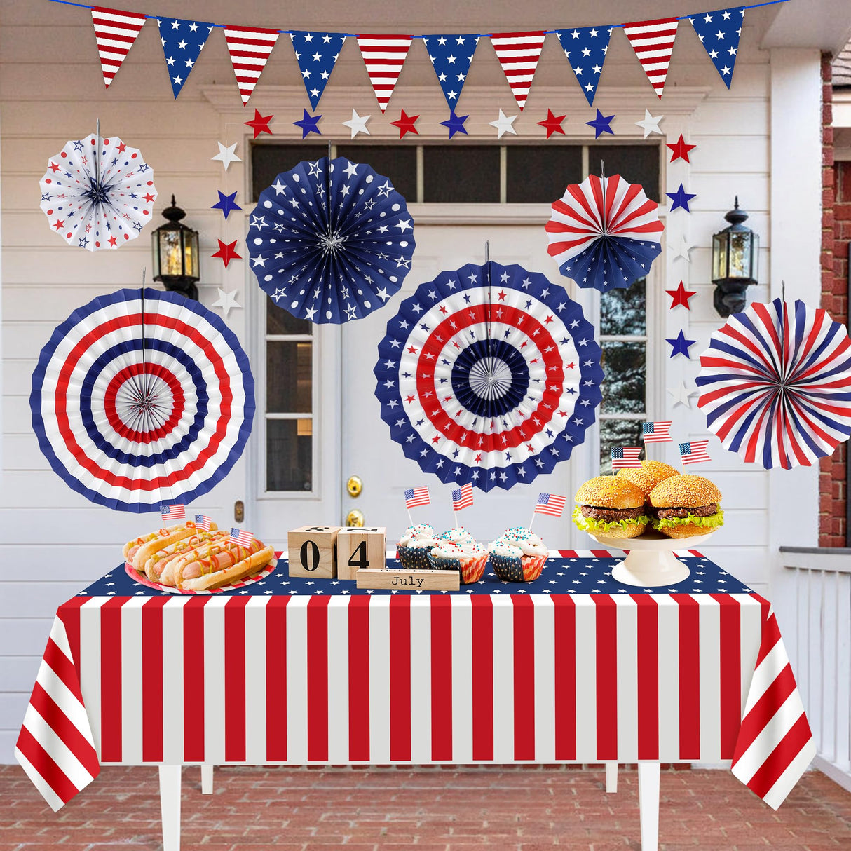 HOOSUN Patriotic 4th of July Decorations Set, 9 Pcs Red White and Blue Paper Fans, USA Pennant Bunting, Star Streamers, Patriotic Tablecloth for Fourth of July Party Supplies, Memorial Day Decor HOOSUN