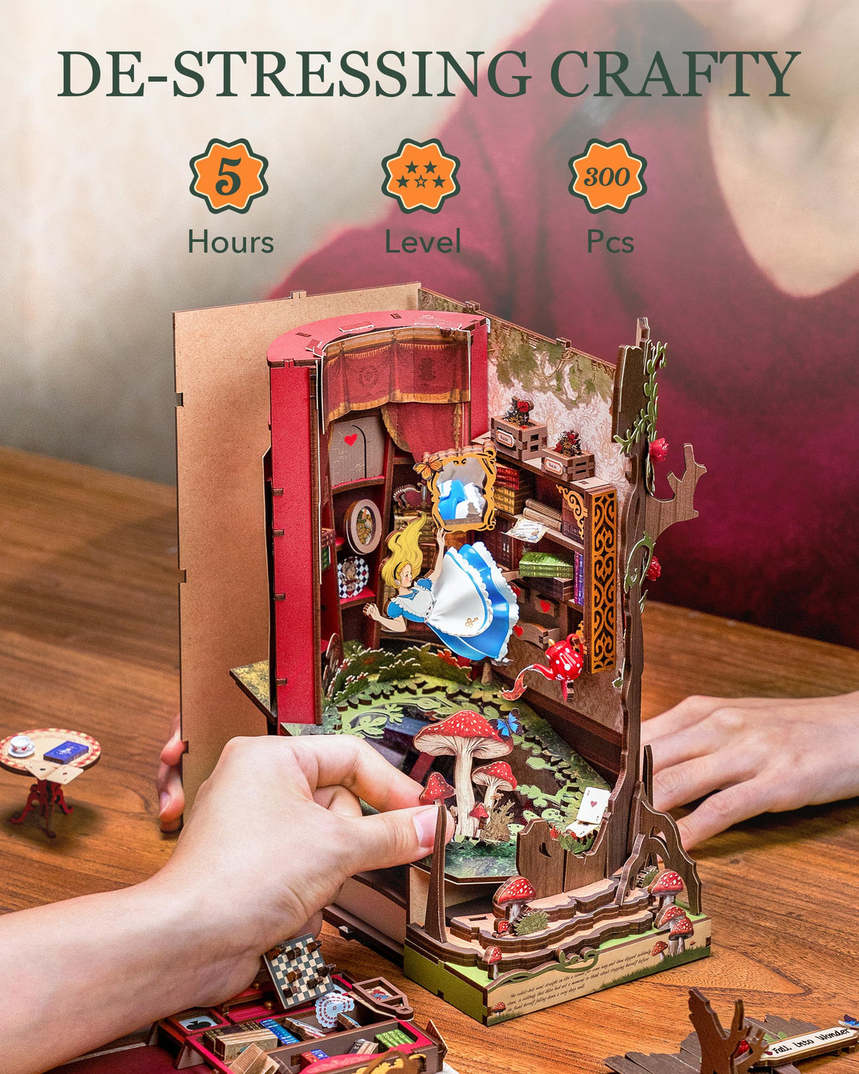 Rolife DIY Book Nook Kits Fall into Wonder, Fairy Tale Bookend Wooden 3D Puzzles for Bookshelf Decor, DIY Miniature House Building Kit for Adults, DIY Crafts/Surprised Gifts for Teens & Book Lovers Rolife