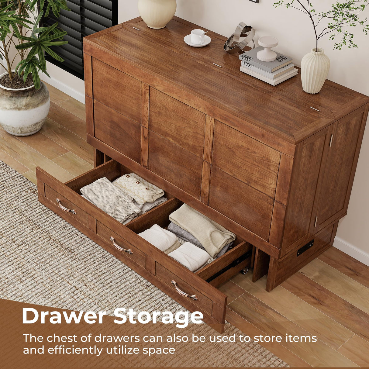 Nesbsakte Queen Murphy Bed Cabinet: Hidden Space-Saving Solid Wood Cabinet Bed with USB Charging for Beedrooms and Apartments(Mattress Not Included) Yellow Brown-15 Nesbsakte