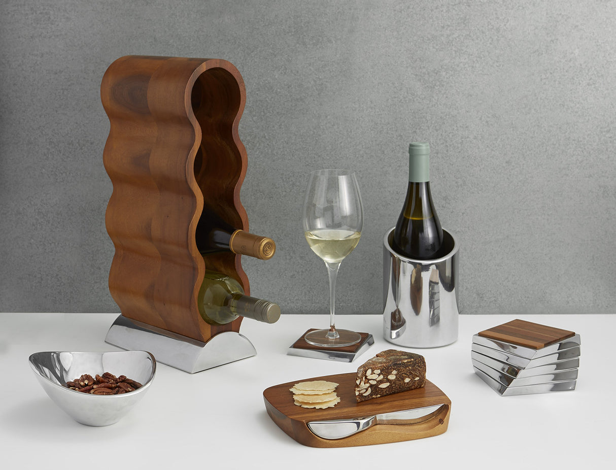 Nambe Curvo Wine Rack | Wooden Wine Rack for Countertop | Wine Bottle Stand for Home Décor | Made of Acacia Wood and Silver Alloy | Designed by Steve Cozzolino Nambe