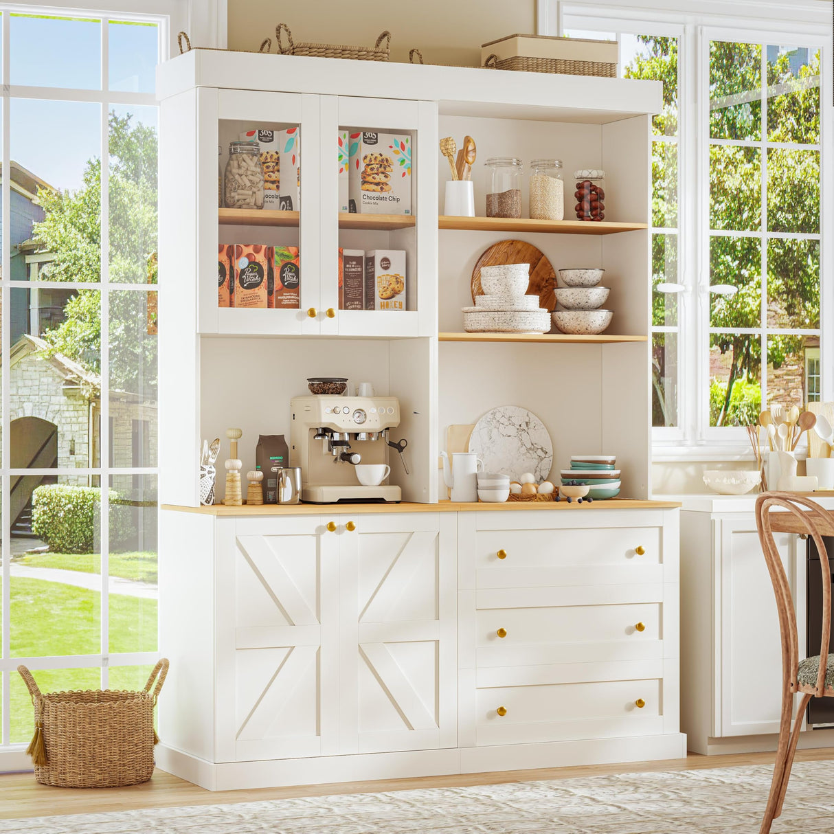 71" Farmhouse Kitchen Pantry Cabinet Set of 3, White Freestanding Coffee Bar Hutch with Glass Doors, Drawers & Adjustable Shelves, Large Storage Cabinet with Microwave Stand for Living Room & Kitchen Vyre