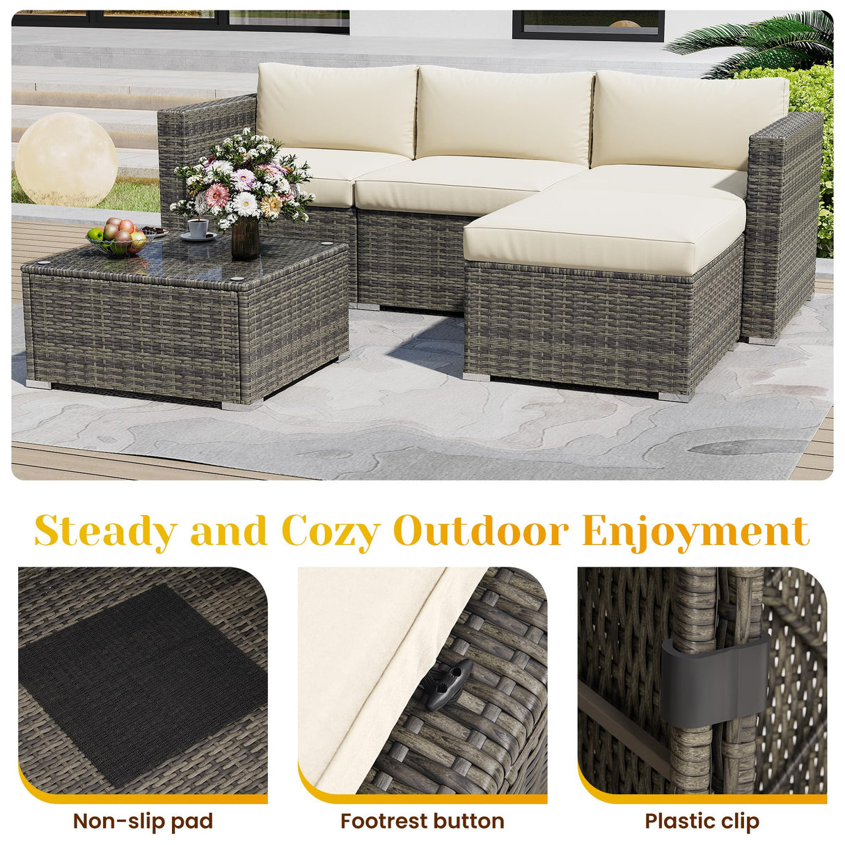 SUNVIVI OUTDOOR Outdoor Patio Furniture Set, 5 Piece Patio Conversation Set, Waterproof Wicker Patio Furniture Set, All Weather Combination Patio Conversation Sets with Cushions and Glass Table, Beige SUNVIVI OUTDOOR