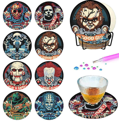 8 Pcs Halloween Diamond Art Coasters Kit for Adults - Round Full Drill Horror Diamond Painting Coasters Set with Holder,DIY Diamond Dot by Number Coaster Art and Craft for Home Wall Decor Gifts