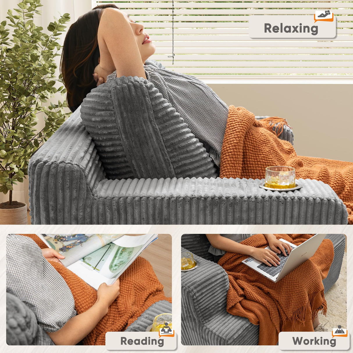 Homall Oversized Chaise Lounge Chair, Cloud Couch with Fluffy Upholstered, Deep Seat Sleeper Sofa Bed with Two Cup Holders, Comfy Boneless Couch No Assembly Required for Living Room, Apartment (Grey) Homall