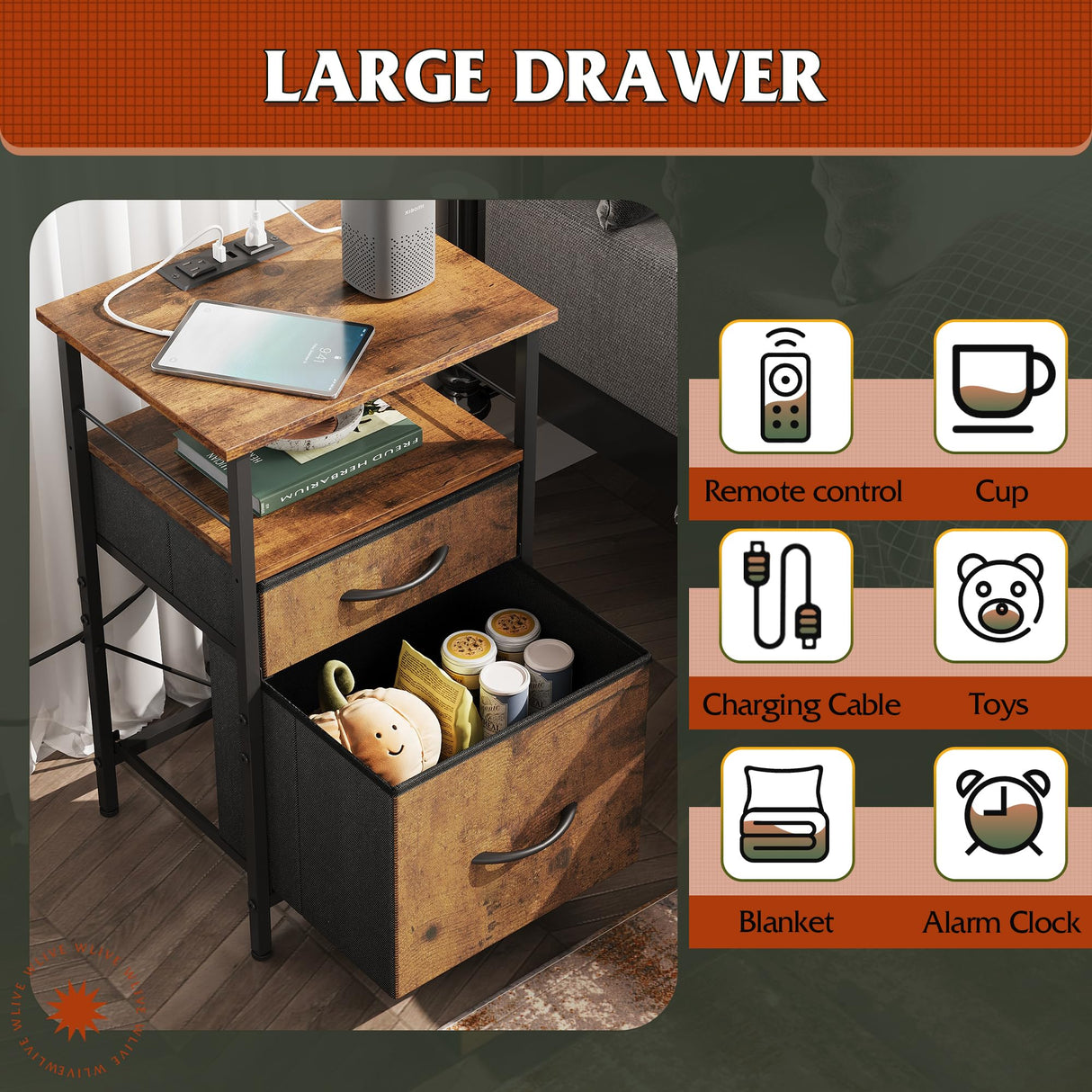 WLIVE Night Stand Set 2, Nightstand with Charging Station, Bedside Tables for Bedroom, Living Room, Side Table with Fabric Drawers, USB Ports and Outlets, Rustic Brown WLIVE
