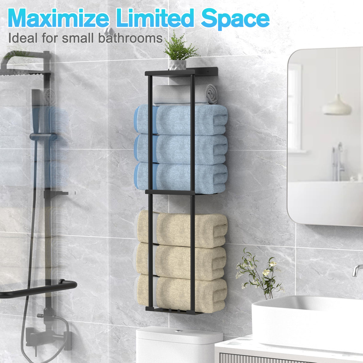 Liuoud Towel Rack for Bathroom, Wall Mounted Vertical Rolled Towel Storage Organizer Holder with Shelf, Holds Up 6 Large Bath Sheets, Black Liuoud