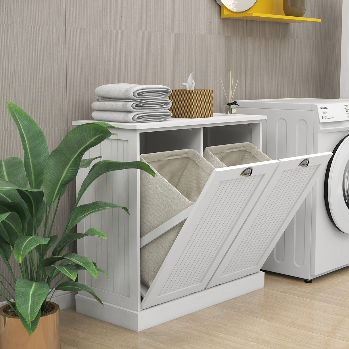 OQSC Double Tilt Out Trash Cabinet Laundry Sorter Cabinet Free Standing Laundry Cabinets and Storage Dog Proof Recycling Cabinet Kitchen Island with Garbage Bin (White) OQSC