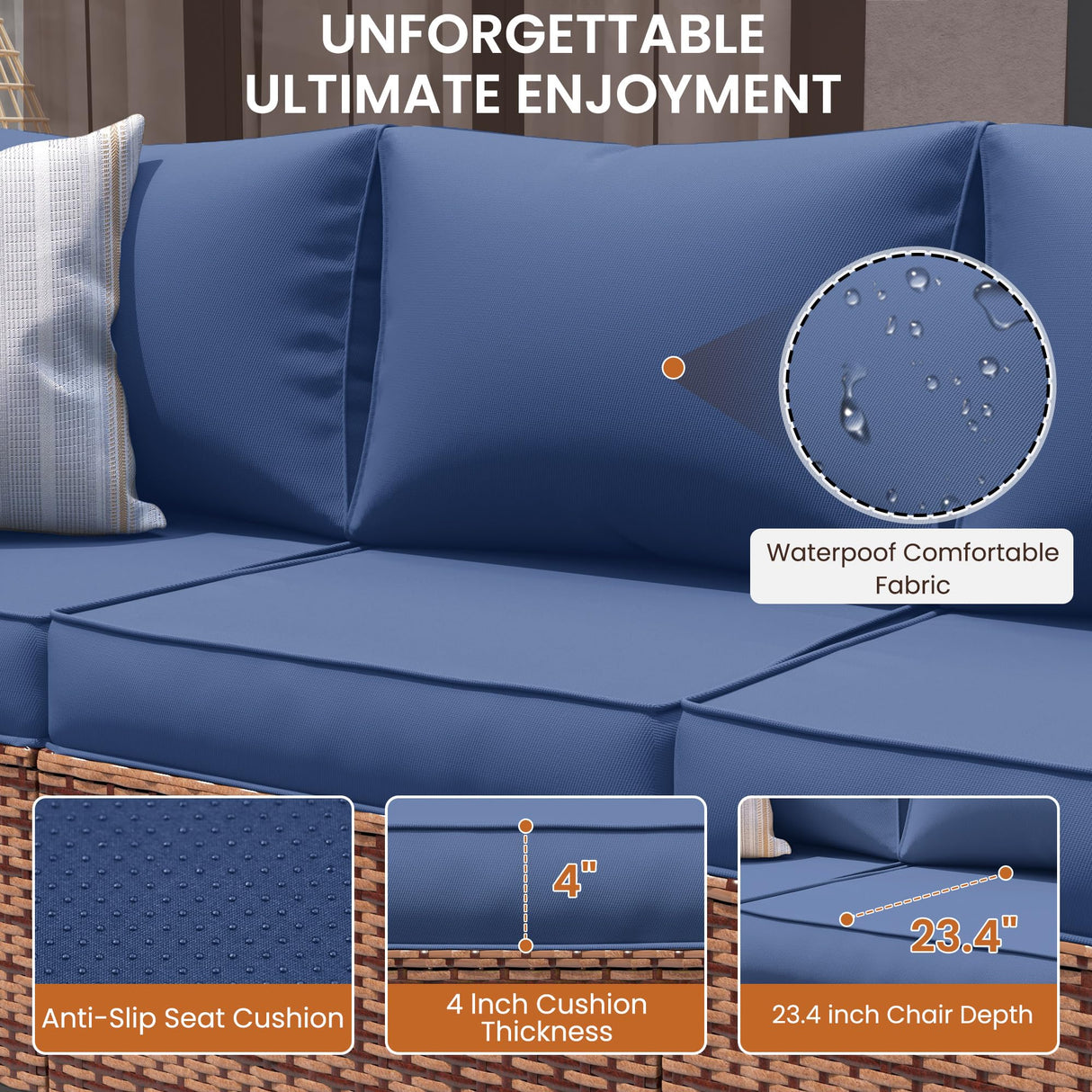 UDPATIO Patio Furniture Set with Fire Pit Table, 6 Pieces Outdoor Conversation Sectional Furniture Sets Wicker Rattan Outdoor Sofa Ottoman with Waterproof Covers for Porch Deck Backyard Blue UDPATIO