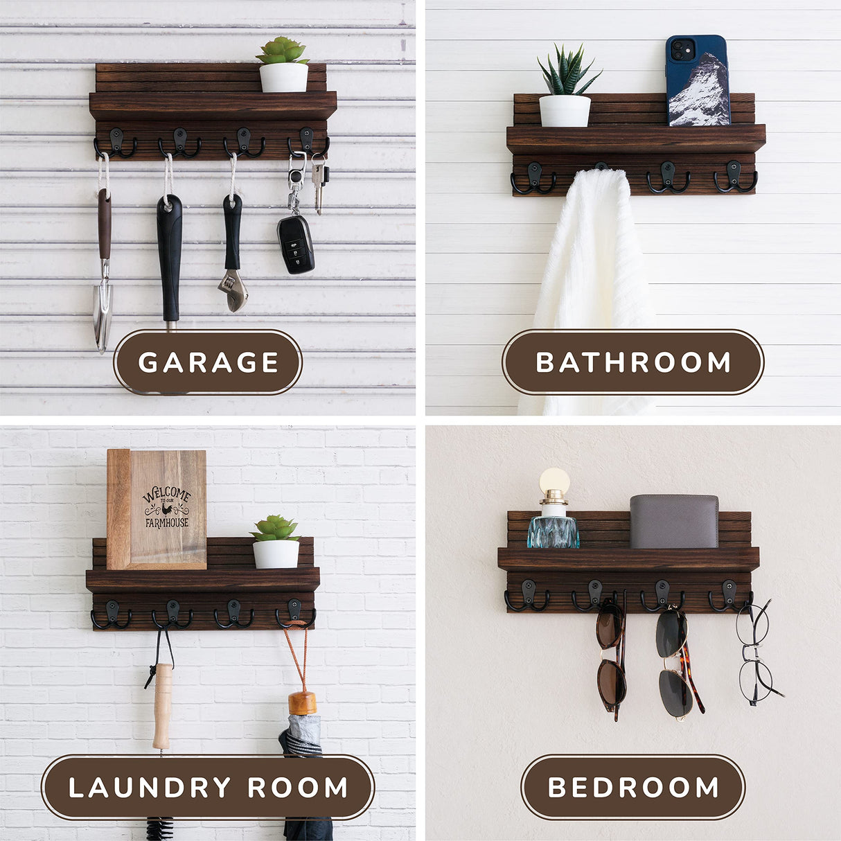 NAUMOO Natural Wooden Key Holder - Wall Mounted Mail Organizer and Key Hanger - Rustic Farmhouse Entryway Shelf with 4 Double Hooks - Decorative Rack for Car Keys, Wallet (Dark Brown) NAUMOO