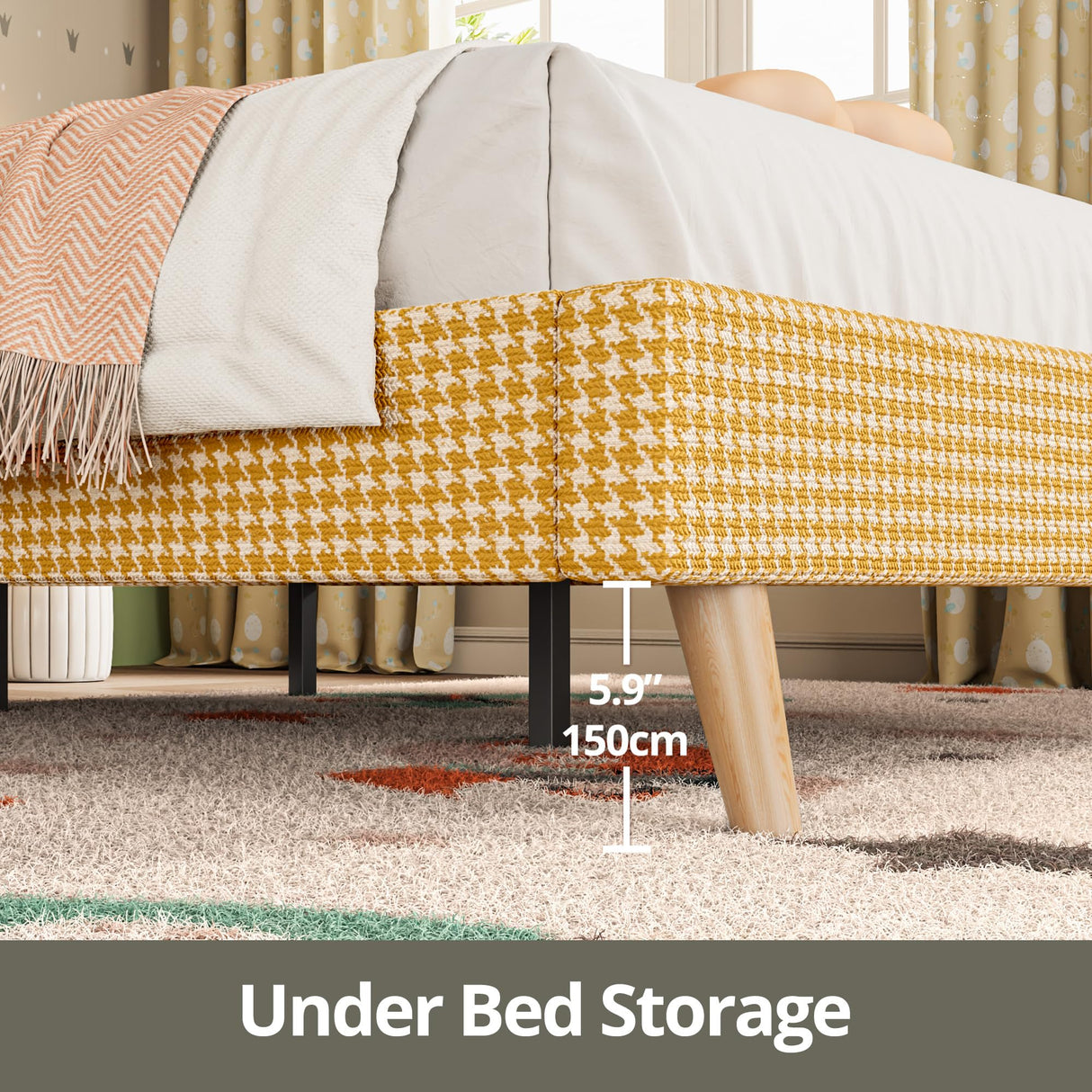 LIKIMIO Twin Size Bed Frame with Headboard, Fully Cotton Upholstered Foundation, Wooden Slats Support, Noise Free, No Box Spring Needed, Easy Assembly, Rustic Yellow and White Checkered LIKIMIO