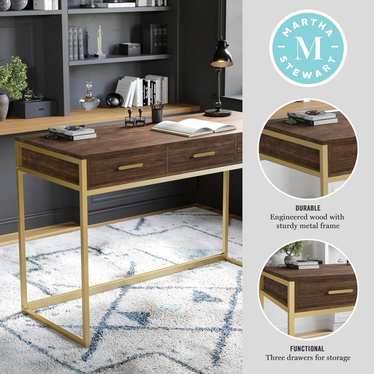 Martha Stewart Ollie Home Office Desk with 3 Drawers in Walnut Wood Grain with Polished Brass Hardware Martha Stewart
