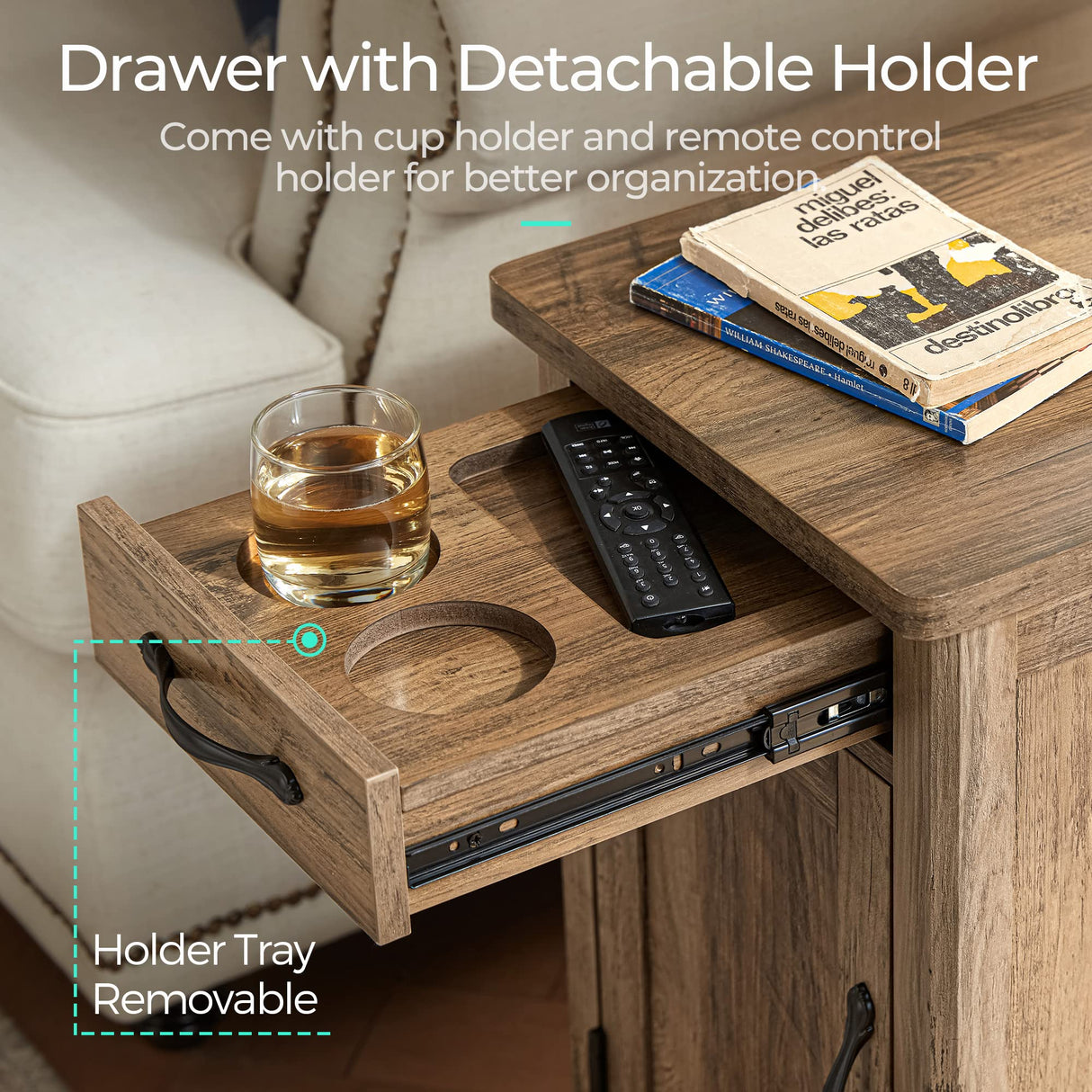 LINSY HOME Farmhouse End Table with Charging Station, Narrow Side Table for Living Room, Sofa Side Table with Drawer and Storage Cabinet, Small Nightstand for Bedroom LINSY HOME