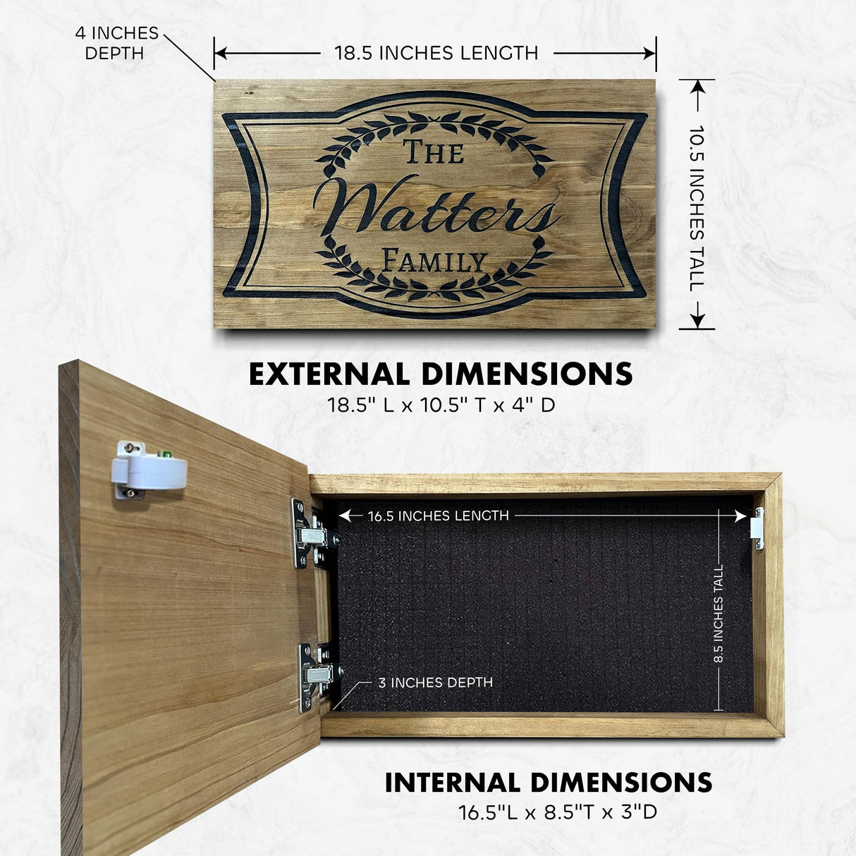 Customizable Family Name Concealment Shelf - Handcrafted Hidden Gun Safe with Magnetic Lock - Quick Access Gun Concealment Decor - Custom, Laser Engraved Wood Gun Cabinet By Bellewood Designs Bellewood Designs
