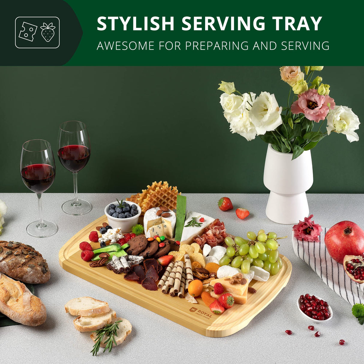 ROYAL CRAFT WOOD Bamboo Cutting Boards for Kitchen, Wood Chopping Boards with Juice Groove, Wooden Cutting Board for Vegetables, Fruit and Cheese Charcuterie Serving Tray XL, 18" x 12" ROYAL CRAFT WOOD