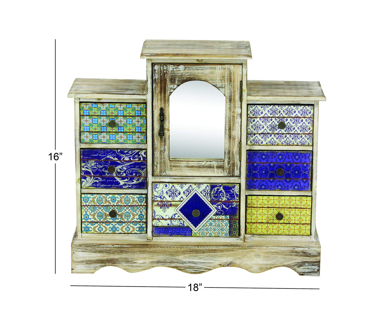 Deco 79 Wooden Decorative Jewelry Box 7 Drawers Jewelry Organizer with Patchwork Patterns, Jewelry Holder 18" x 6" x 16", Light Brown Deco 79