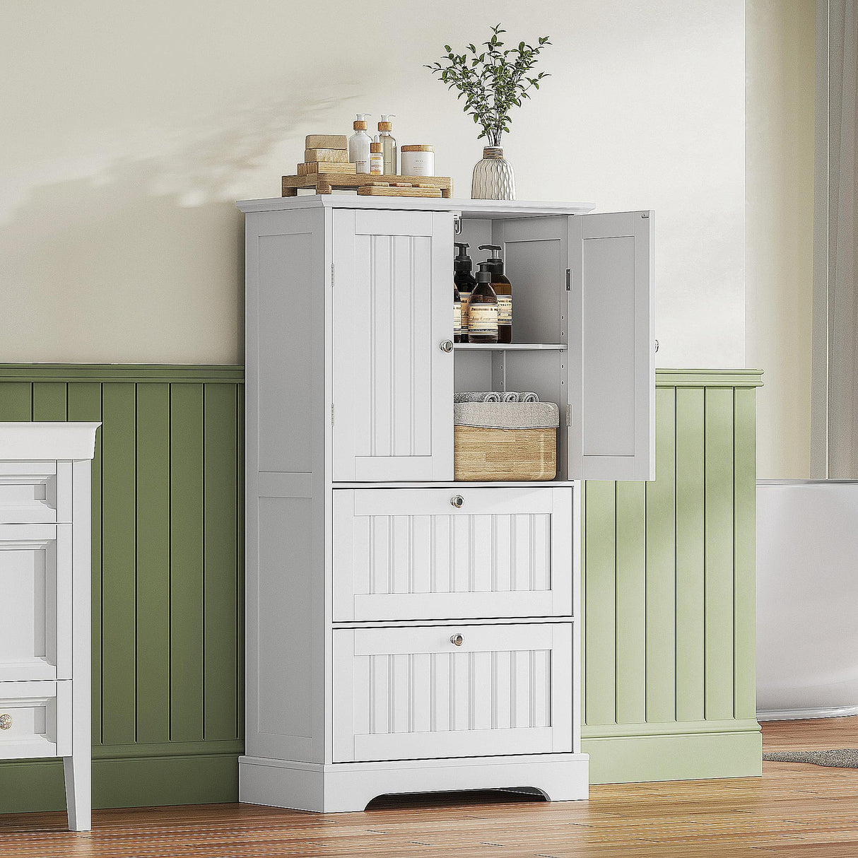 Treocho Bathroom Floor Cabinet, White Bathroom Storage Cabinet with Drawers and Adjustable Shelf, Freestanding Kitchen Pantry Cupboard with 2 Doors for Living Room Treocho