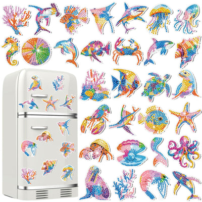 Xuhal 30 Pcs Ocean Animal Diamond Painting Magnets Sea Animal Diamond Art Magnets Kits for Adults 5d Rhinestone Dolphin Turtle Beach Refrigerator Magnetic Sticker for Fridge Beginner DIY Craft Gifts
