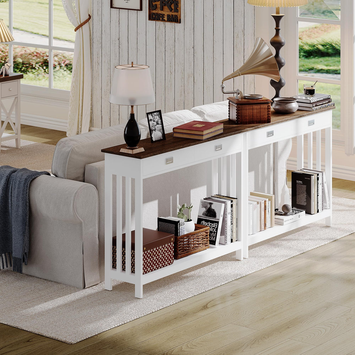 ChooChoo Farmhouse Console Table with Drawer, Mission Narrow Entryway Sofa Table with Storage, for Entryway, Living Room and Hallway, Soft White and Brown ChooChoo